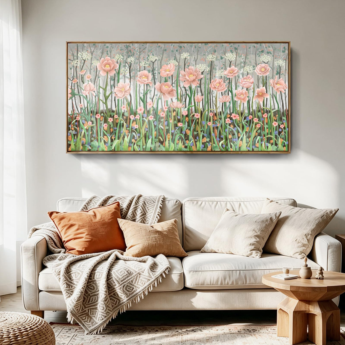 Large Framed Country Living Room Wall Art (Pink Framed Wall Art / 48"Lx24"W(Framed))