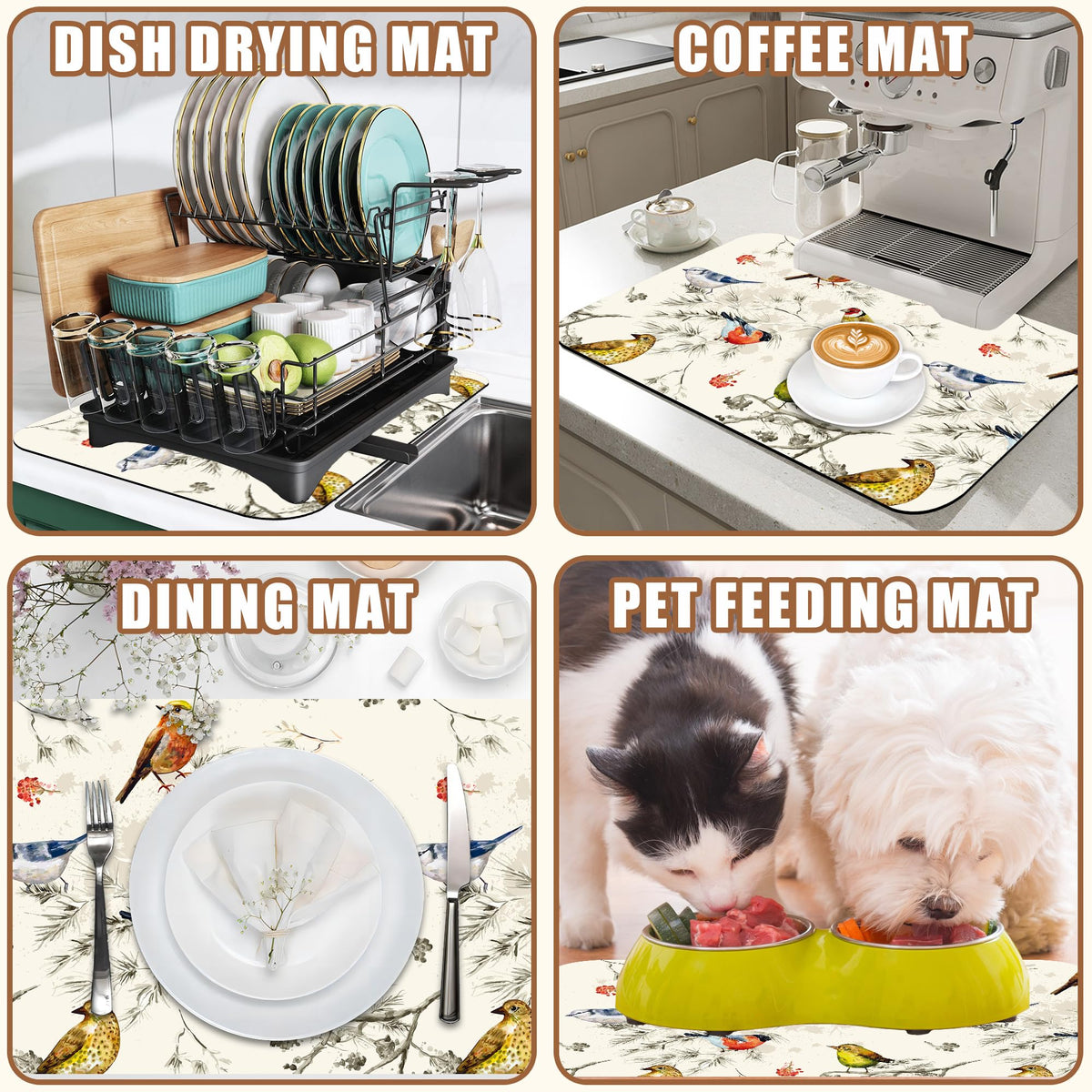Cute Birds Coffee Mat Absorbent Dish Drying Mat for Kitchen Counter Hide Stain Rubber Backed Coffee Bar Accessories Fit Under Espresso Machine Cafe Table (11.8" x 19.7")
