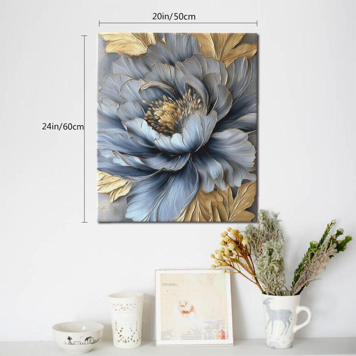Blue Golden Peony Flower Wall Art For Female Gold Bathroom Canvas Wall Decor Boho Floral Pictures Aesthetic Textured Paintings Prints Modern Woman Artwork Framed Decorations For Bedroom Living Room Office Gifts 20" x 24" (Gold Flower / 24"L x 20"W)