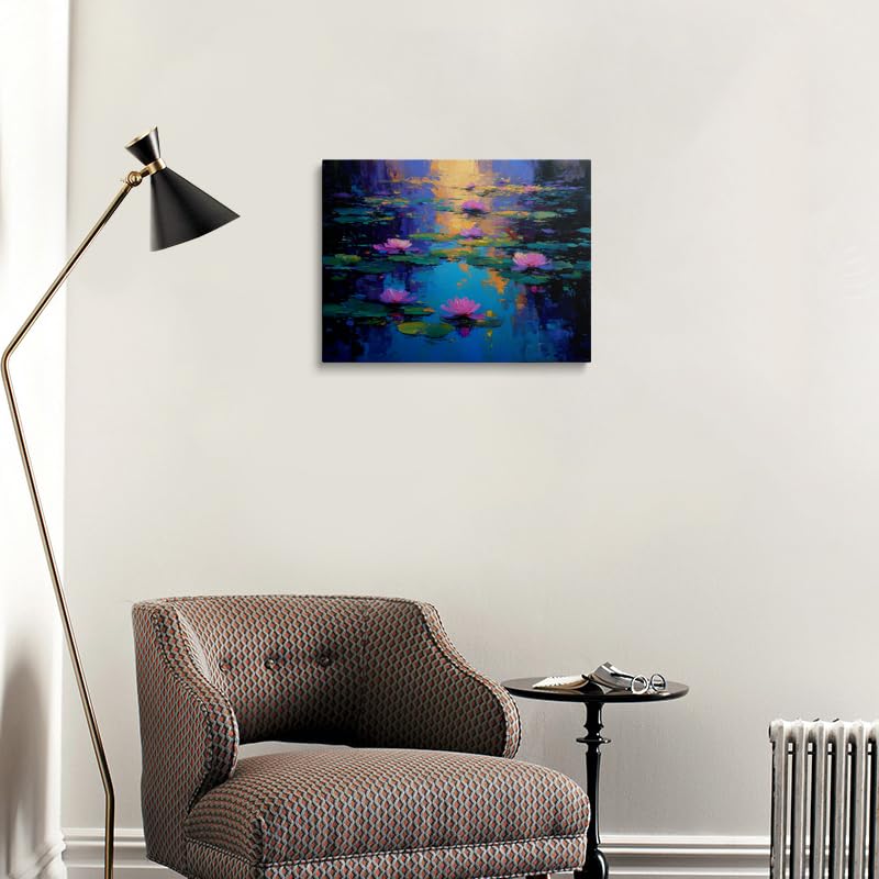 Calming Water Lilies Canvas Wall Art Framed Impressionist Painting Pink Blooms on Serene Pond Textured Brushstrokes Blue Turquoise Reflection Zen Wall Decor Artwork Poster 16x24 Inches (Water lilies / 24"L x 16"W)