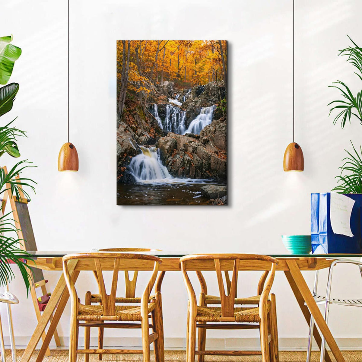 Autumn Orange Forest Wall Art Nature Waterfall Wall Decor Forest River Landscape Picture National Park Posters Rustic Trees Canvas Painting Artwork for Bathroom Living Room Home Decoration 32x48" (48"L x 32"W / Fall Waterfall)