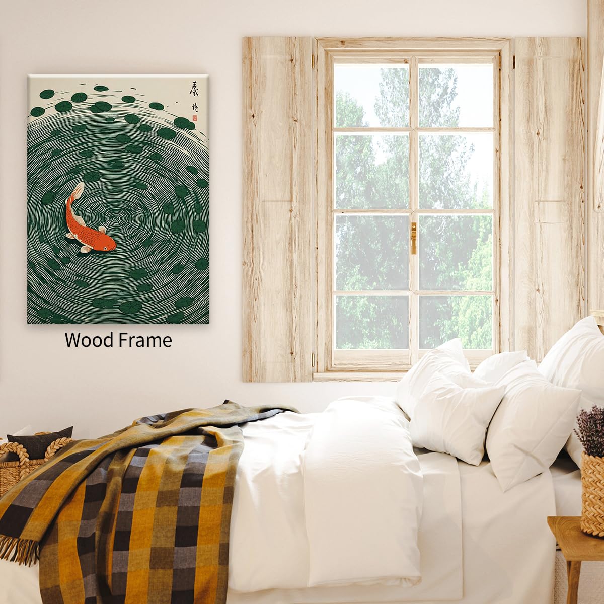 Japanese Koi Fish Framed Poster Oriental Asian Lucky Carp Canvas Wall Art 12x18 inch Retro Japan Room Aesthetic Print Minimal Green Painting for Zen Water Living Room Office Decor Ready to hang (Wrapped Canvas / Japanese Koi Fish / 18"L x 12"W)