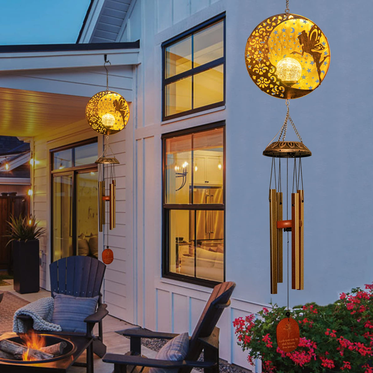 Wind Chimes Outdoor Fairy Hanging Solar Lights with 4 Aluminum Tubes