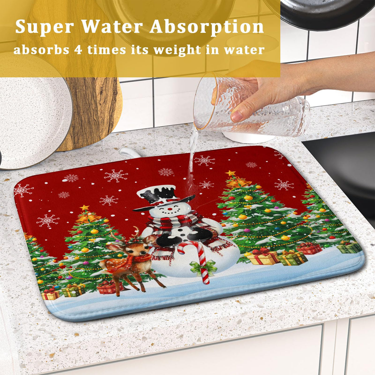 Christmas Snowman Dish Drying Mat for Kitchen Counter (Christmas / 16" x 18")