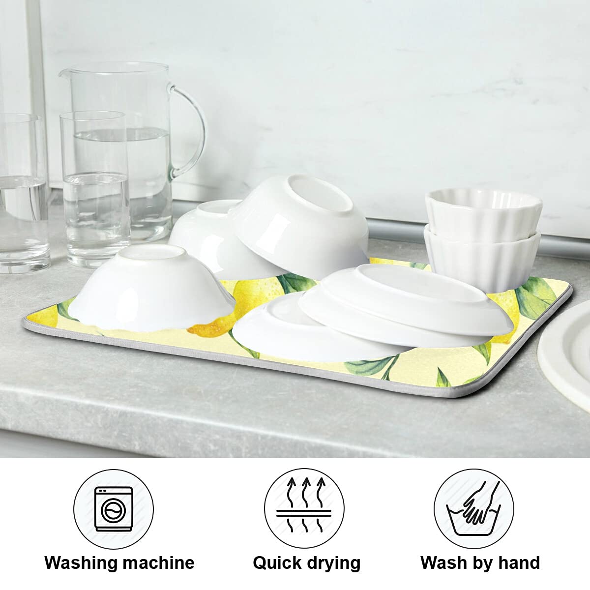 Super Absorbent Dish Drying Mat (Vintage Yellow Lemon With Leaves / 18" x 24")