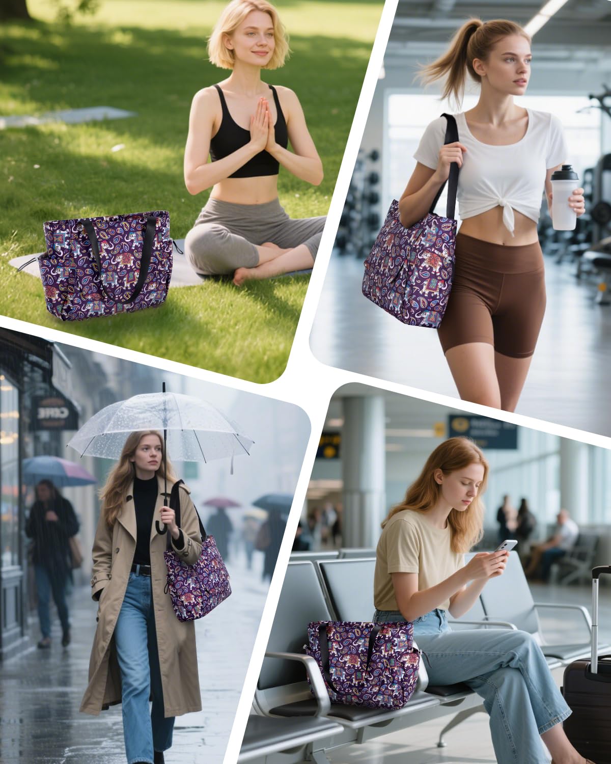 Yoga Mat Bag Waterproof Tote Gym Bag Mat Carrier W (Deep Purple Lucky Elephant)