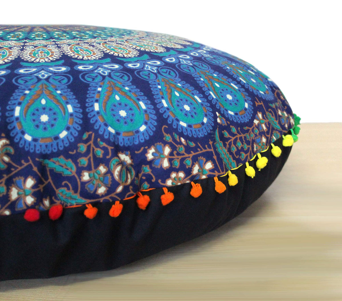 32" Round Mandala Floor Pillow Seating Throw Cover Hippie Decorative Bohemian Ottoman Poufs Pom Pom Pillow Cover Cases Boho Cotton Living Yoga Home Decor (Blue Peacock)