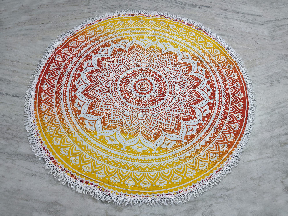 Round Beach Tapestry Turquoise Mandala Throw (3'6" (Round) / Yellow-orange)
