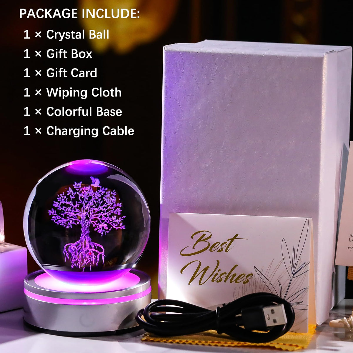 80mm Tree of Life Crystal Ball with Colorful LED Base 3D Laser Engraved Glass Tree Life Figurines Decor Spiritual Growth Gifts for Men Women Decorative Globes 3D Crystal Plant Sphere (Tree of Life)