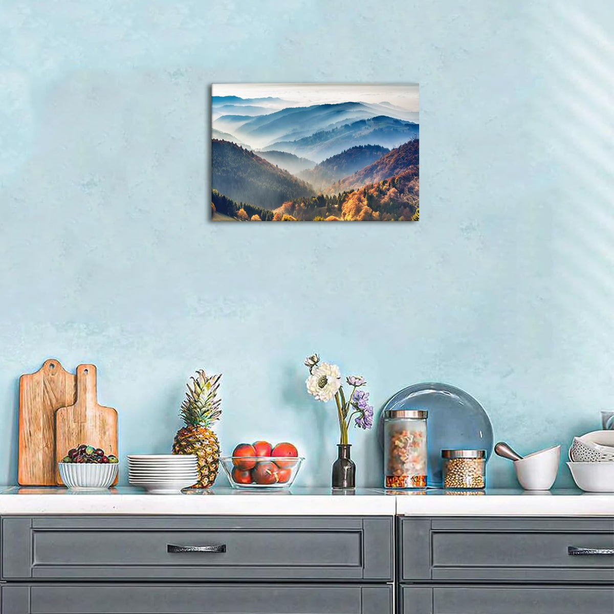 Foggy Mountain Wall Art Canvas Misty Forest Picture Wall Decor for Living Room Nature Landscape Painting Modern Artwork Framed American National Park Posters Bedroom Office Home Decorations 12x16 (16"L x 12"W / Great Smoky Mountain-1)