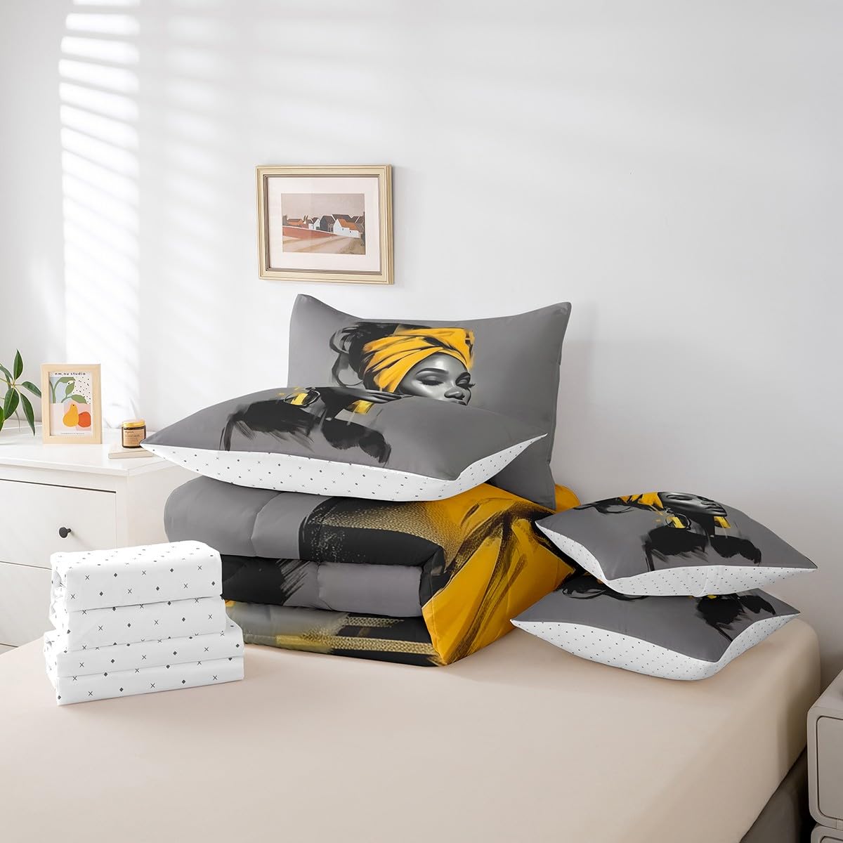 Black Women Comforter Set Twin Size 7 Piece (Grey and Yellow / Twin)