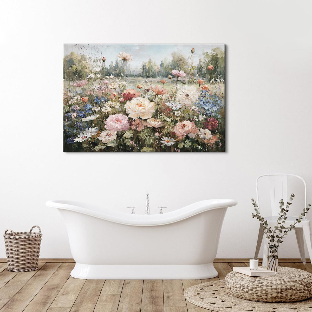 Flowers Wall Art Pink Roses Canvas Prints Painting Colorful Wildflowers Canvas Pictures Farmhouse Floral Landscape Wall Decor Botanical Artwork for Bedroom Bathroom Home Office Decorations 32x48" (48"L x 32"W / Pink Flower)