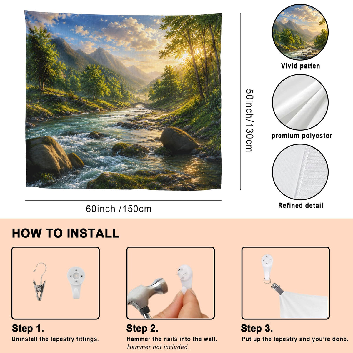 Sunlit River Mountain Tapestry 60x50 (Golden River Valley)