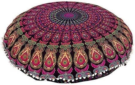 32" Large Round Bohemian Floor Pillow Cover Boho Pouf Cover Mandala Meditation Room Pillows Cover Adults Seating Poufs Cushion Cover for Kids Reading Playroom Pink Yellow Mirchi (Pink Yellow Mirchi)
