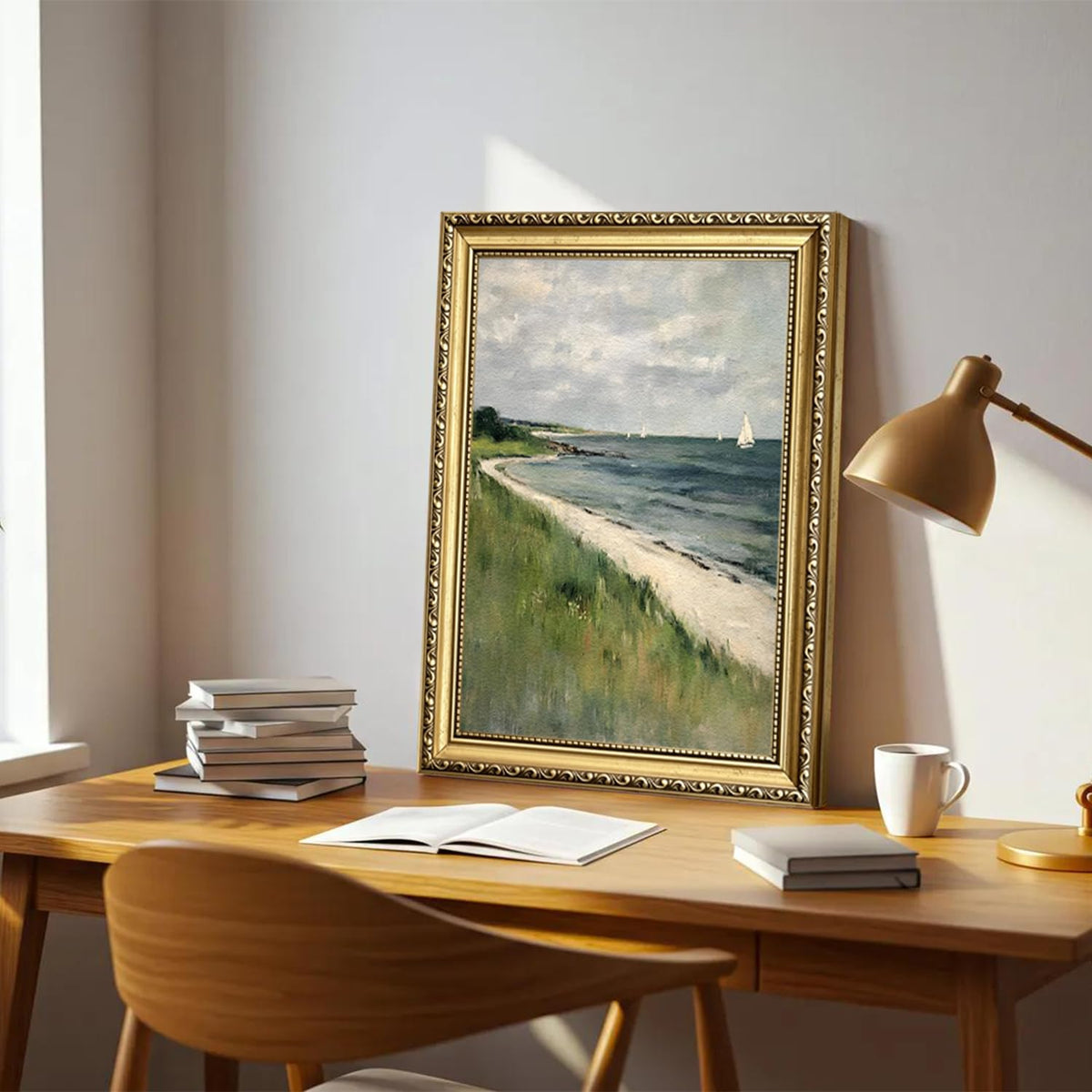 Gold Framed Coastal Wall Art Vintage Sailboat Beach Landscape Painting Nautical Ocean Wall Decor 3D Sandstone Textured Picture for Living Room Bedroom Farmhouse 16x24 Inch (24"L x 16"W / Gold Framed-A)