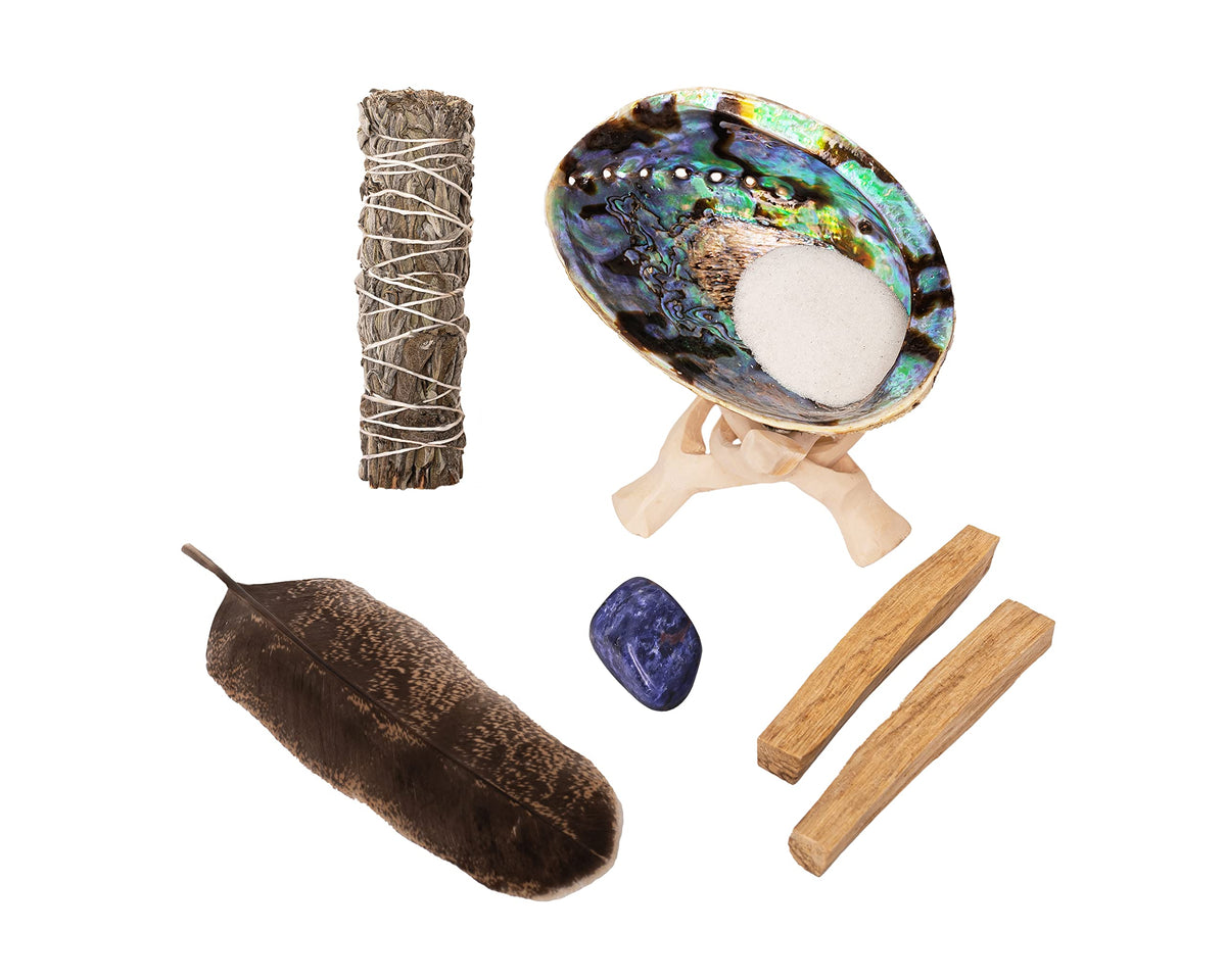 Sage Kit Common Sage Smudge Stick ~ Abalone Shell for Smudging ~ Palo Santo Sticks ~ 2 inchTripod Stand ~ 8 inch Feather and White Sand