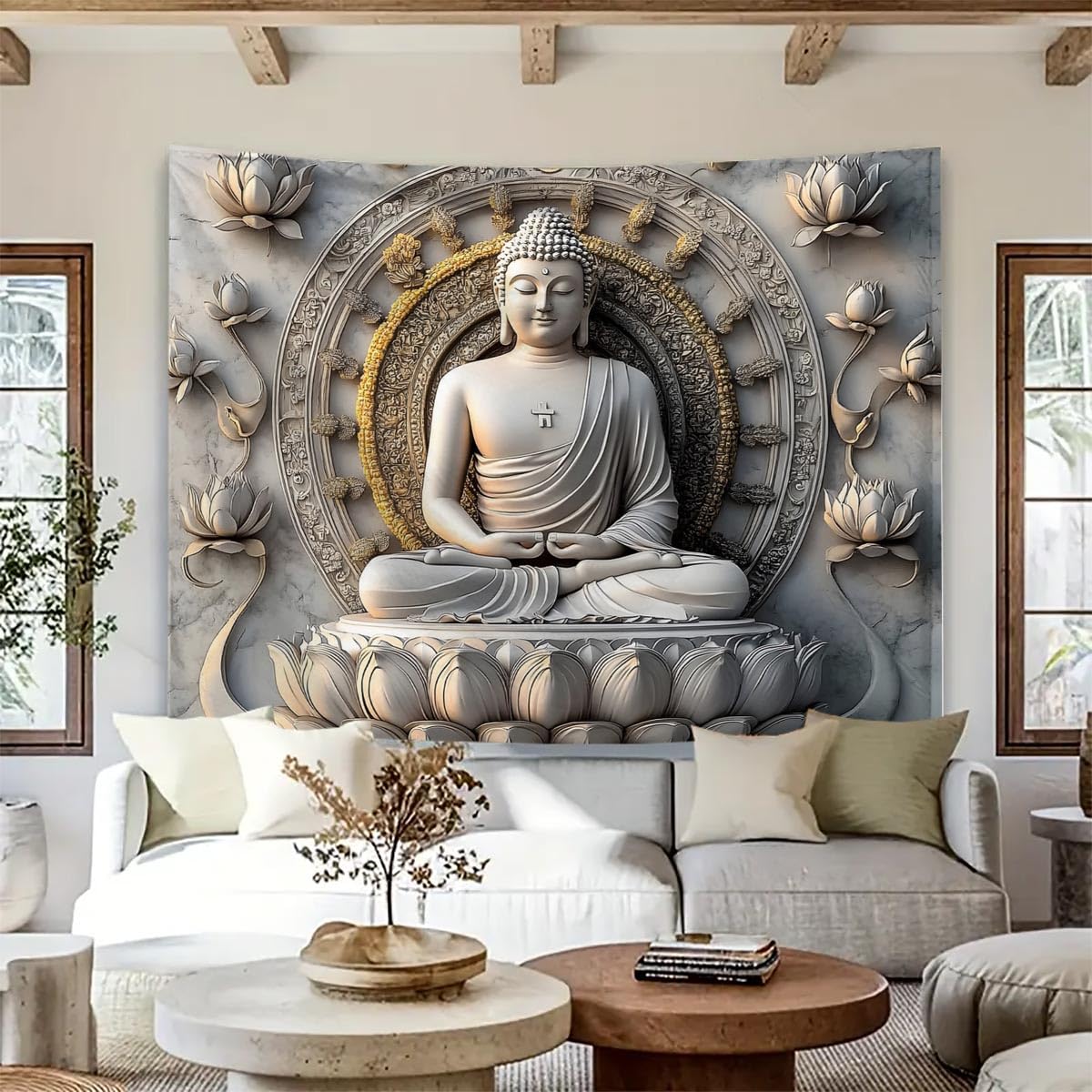 Vintage Sitting Buddha Tapestry Wall Hanging Buddhist Statue Tapestries Lotus Meditation Wall Decor Psychedelic Indian Zen Art for Bedroom Living Room Home Decor (Beige / 79"L x 59"W)