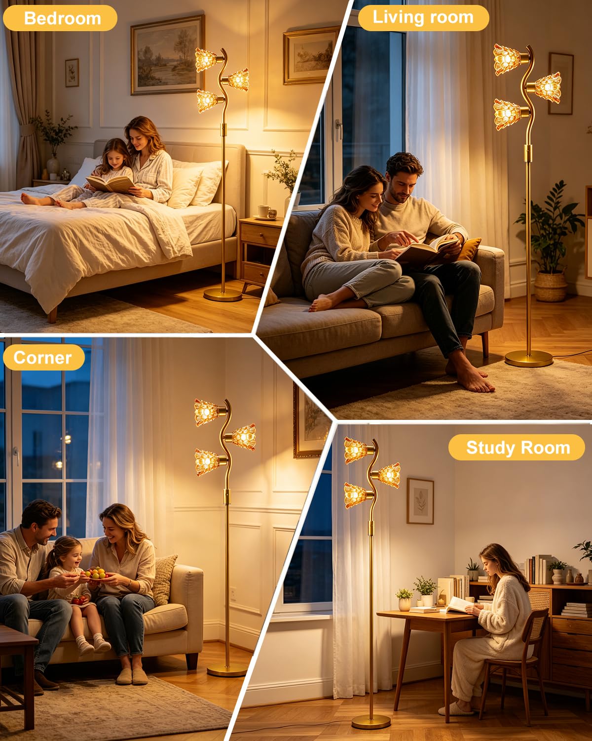 Amber Glass Floor Lamp 3 Light Dimmable Gold Tall Lamp S Pole (Abmer-S)
