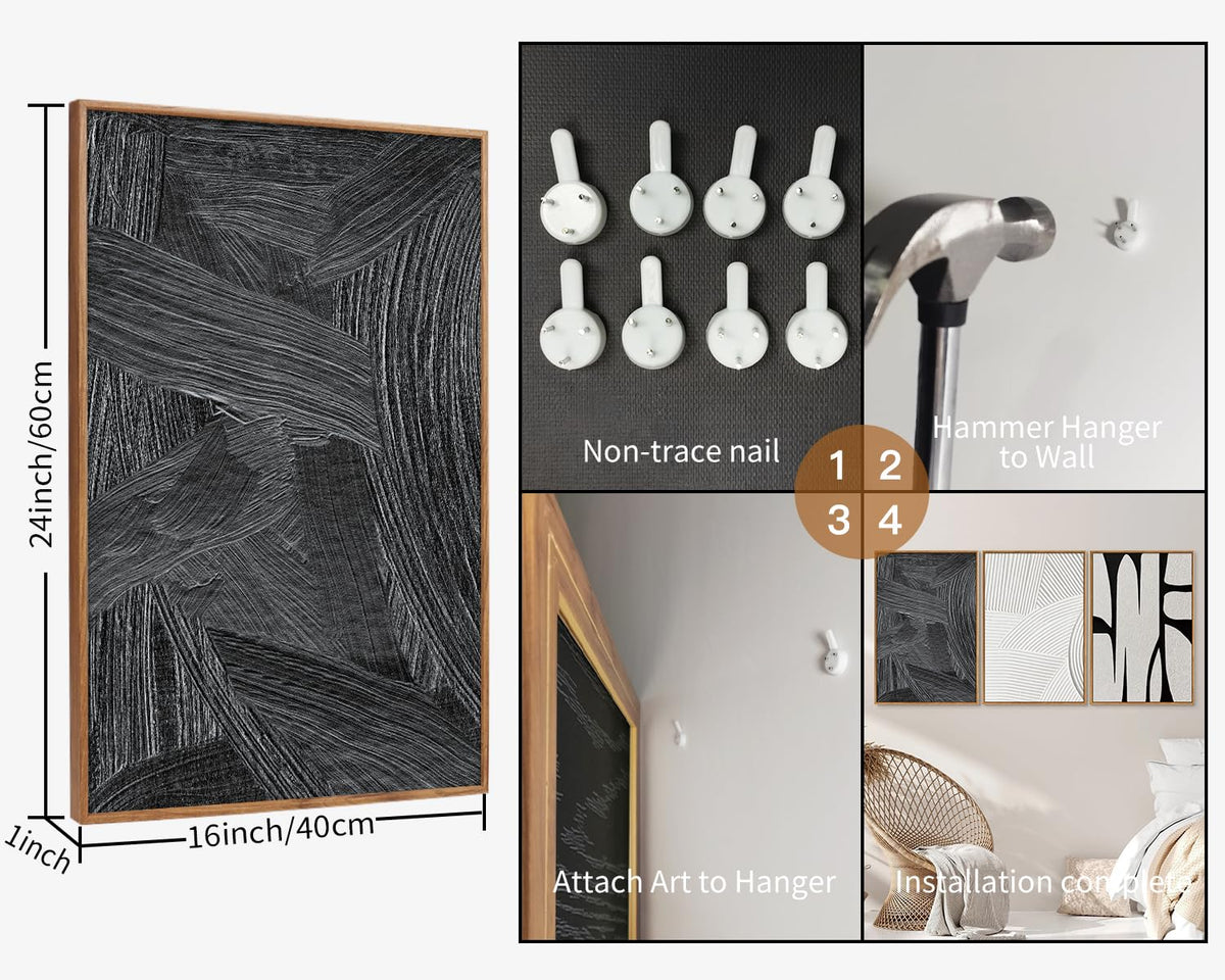 Black and White Framed Canvas Wall Art Set (Geometric Brushstroke / 24"L x 16"W)