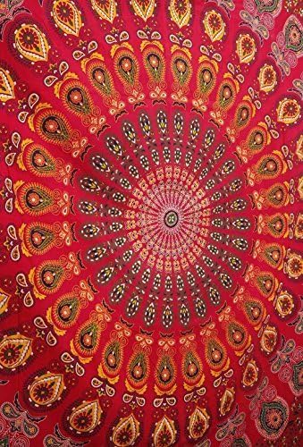 Tapestry Wall Hanging Hippie Mandala Bohemian Hippy Psychedelic Design Indian Peacock Meditation Gypsy Tapestries Bedspread 54 x 60 Inches (60"L x 54"W / Red_Yellow)