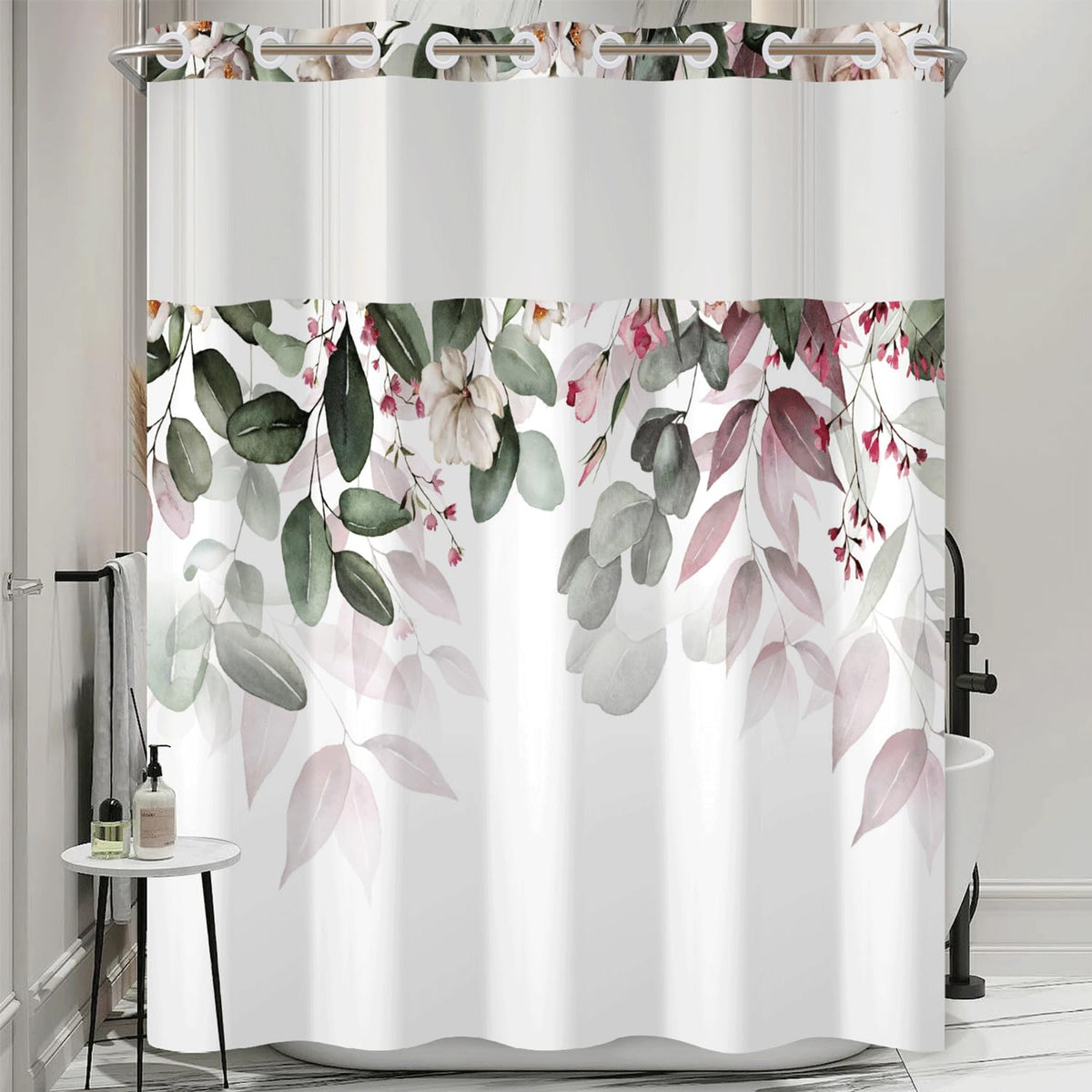 No Hook Shower Curtain and Snap in Liner Set (Hanging Floral)