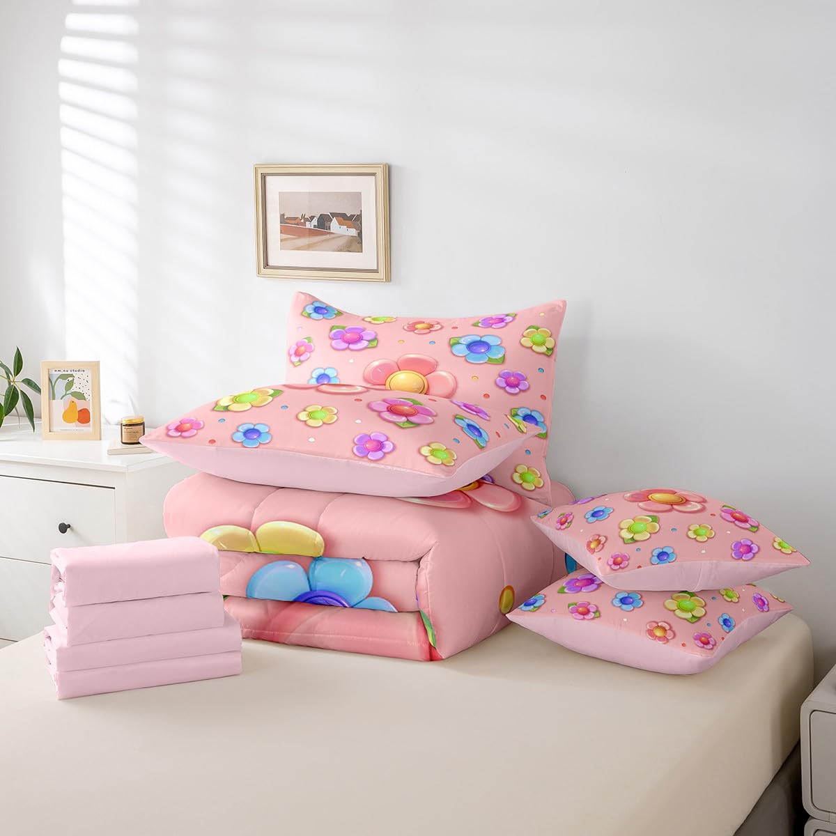 Bright Pink Comforter Set with Sheets Queen Size Kids Flower 7 Piece Bedding Set All Season for Boys Girls Teens Modern Art Bed in A Bag Breathable Soft Lightweight Room Decor (Bright Pink / Queen)