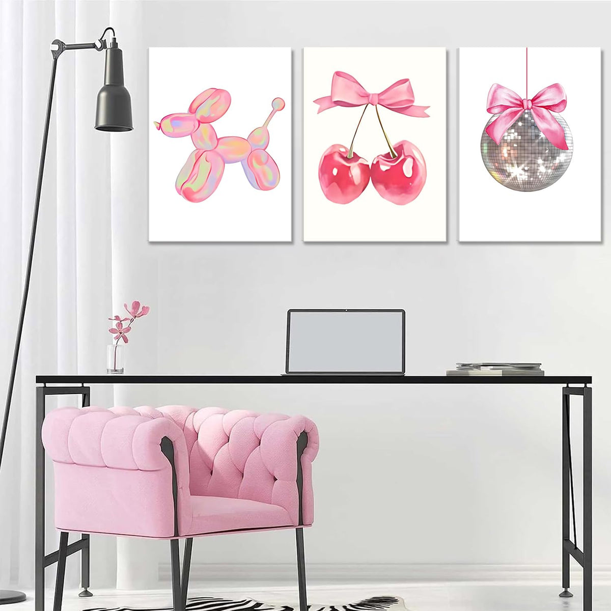 Trendy Pink Bows Canvas Wall Art Set of 3 (Balloon dog canvas / 16L"x12W")