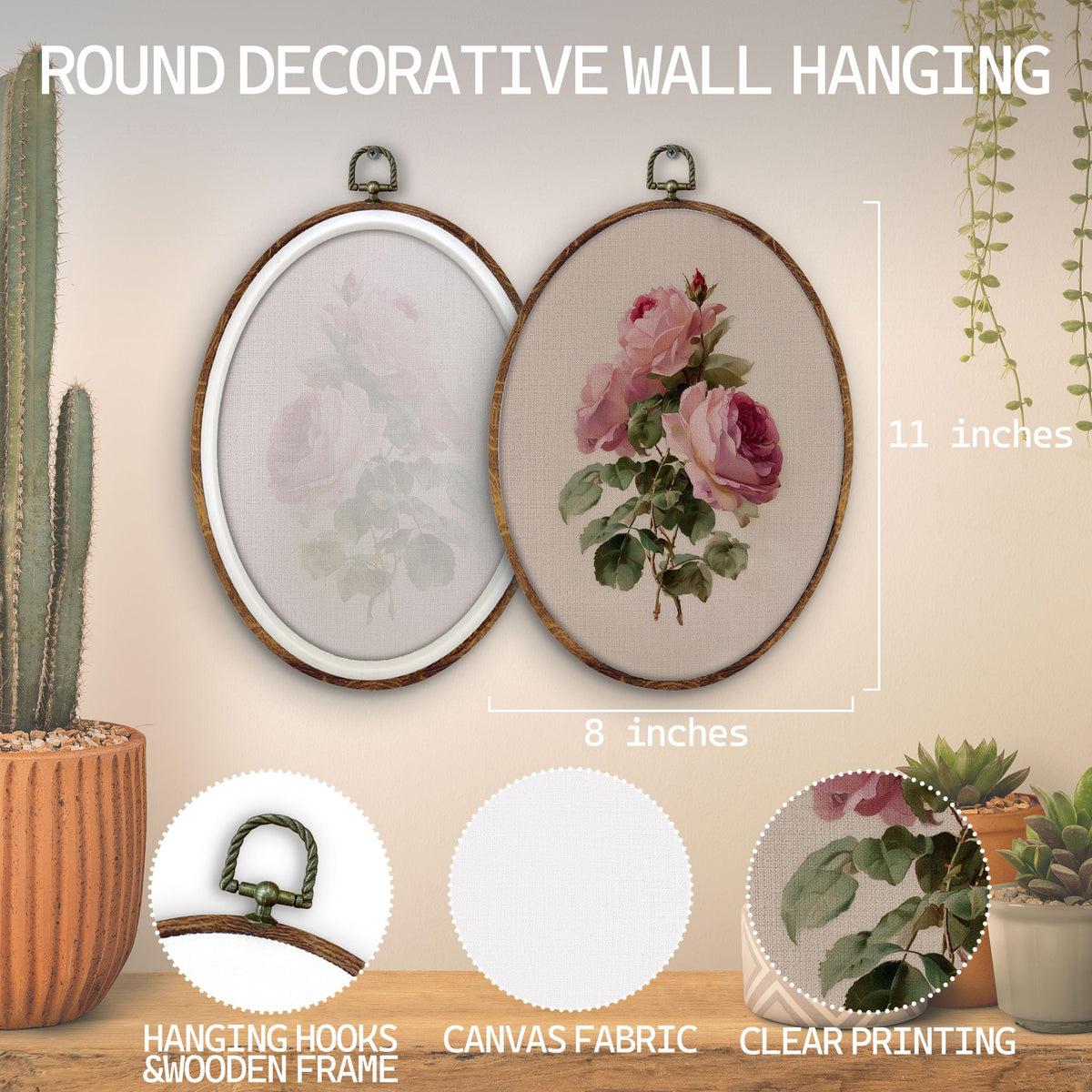 Vintage Pink Rose Floral Oval Wall Art Decor (Roses-1)