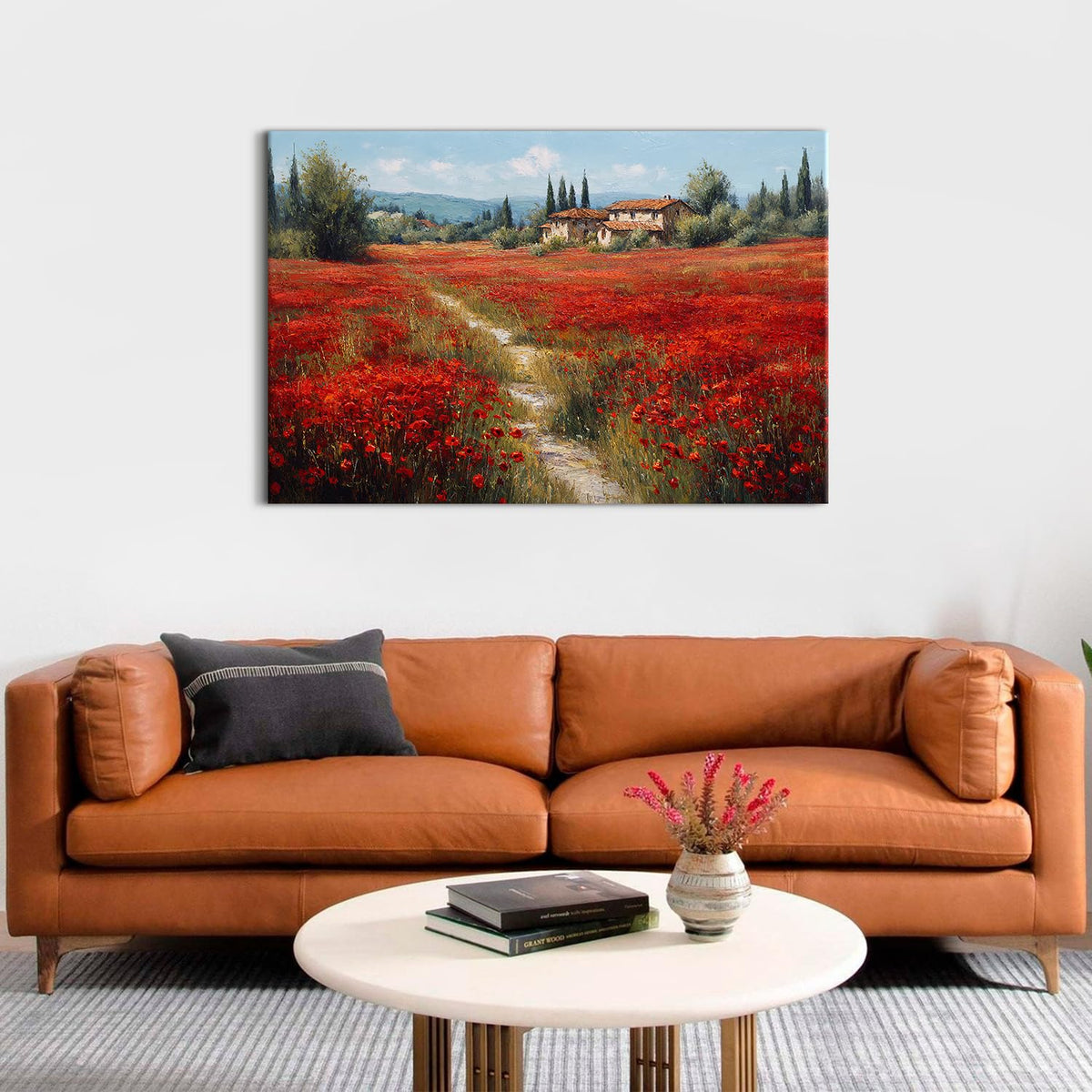 Farmhouse Flower Landscape Wall Art Red Poppy Flower Pictures for Bathroom Decor Vintage Floral Field Paintings Country Scenery Canvas Prints Artwork for Living Room Bedroom Home Decoration 32x48" (48"L x 32"W / Red Poppy)