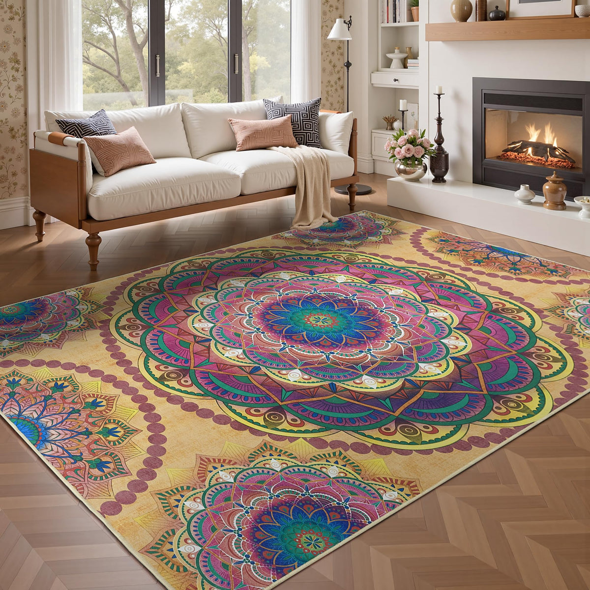Meditation Indoor Outdoor Rug 6x9 ft Mandala Pattern Rug Boho Style (Khaki / 6 x 9 Feet)