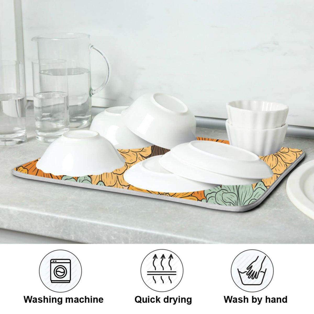 Super Absorbent Dish Drying Mat (Retro Flower Daisy / 16" x 18")