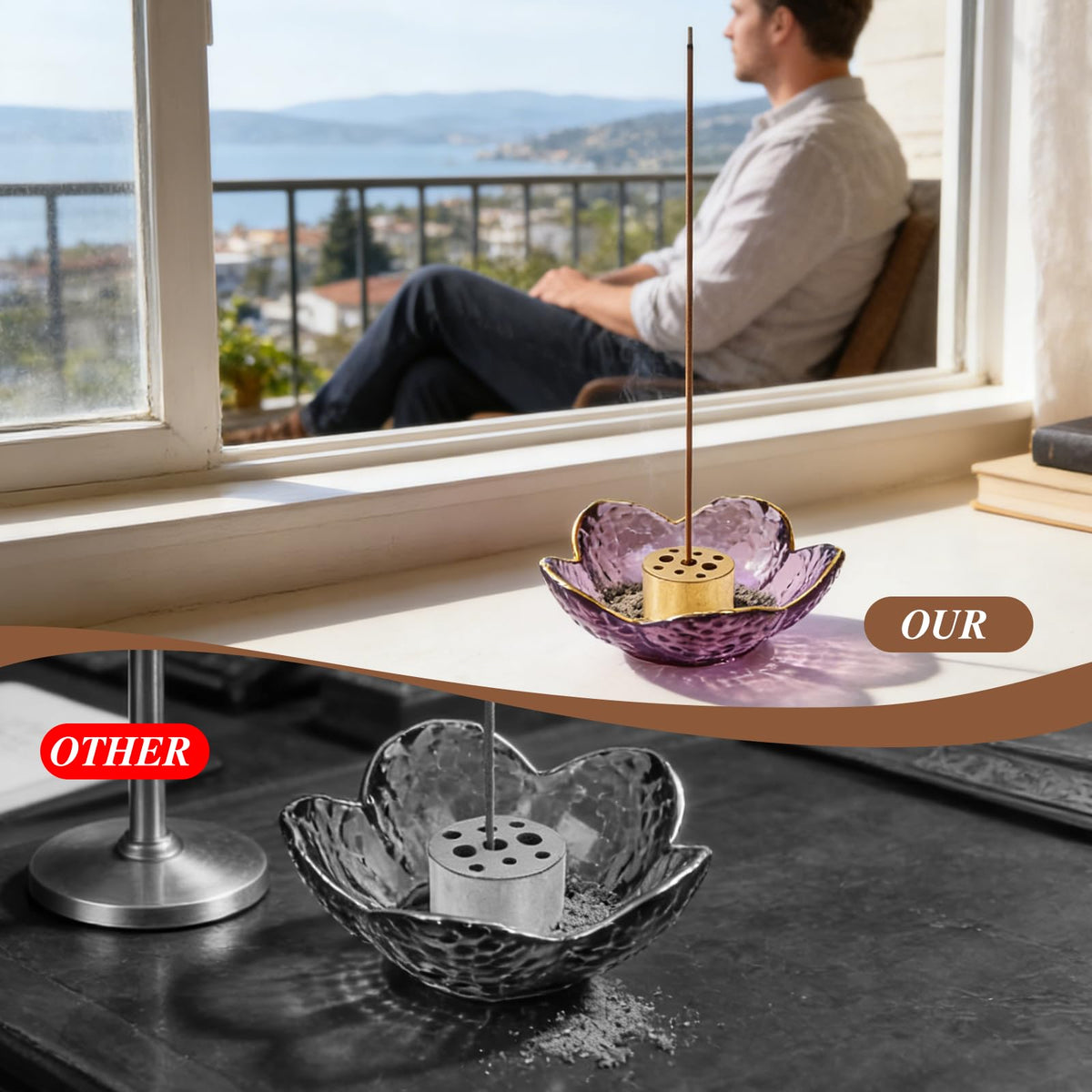 Incense Burner Glass Insence Stick Holder for Sticks (Upgraded & Larger Cherry Blossom With Gilt-edged)
