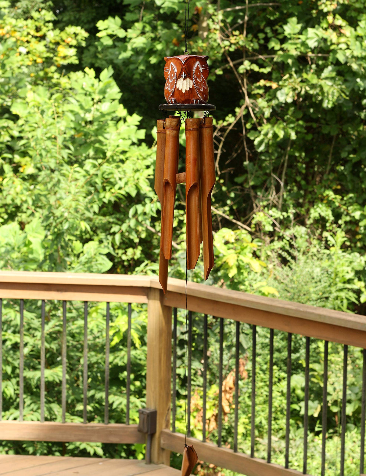 Handmade Wooden Owl Bamboo Wind Chime Wood Statue Figurine Hoot Sculpture Art Decorative Rustic Patio Garden Outdoor Decor Handcrafted Decoration (See No Evil Owl Chime)