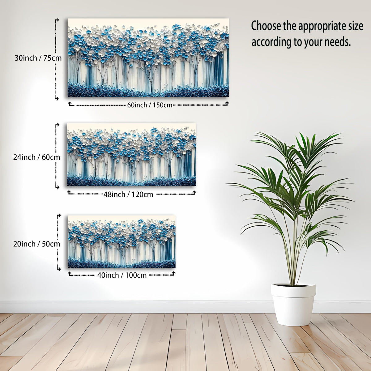 Blue Flower Tree Canvas Wall Art 40"x20" Framed Abstract Floral Landscape Print for Living Room Bedroom Office (40"L x 20"W / Blue and white Forest Flower)