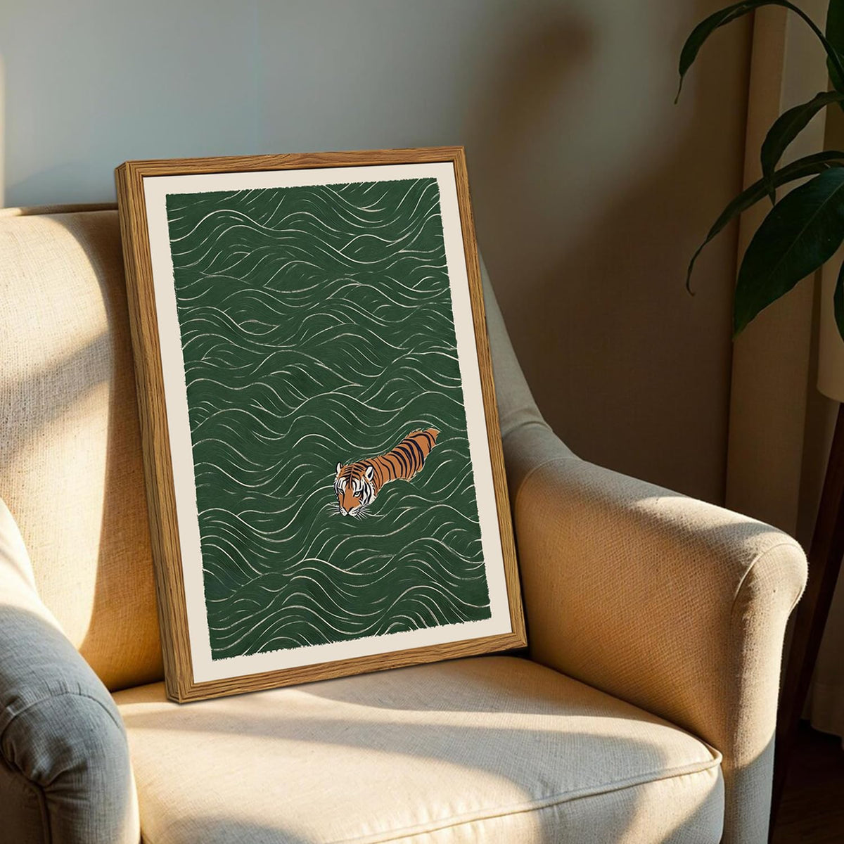 Framed Japanese Tiger Wall Art (Swimming Tiger / 16"L x 12"W)