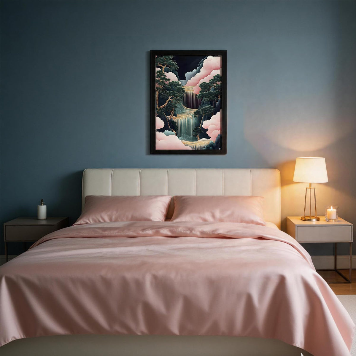 Black Framed Japanese Waterfall Landscape Wall Art 12x16 Inches (Black Frame Pink Waterfall / 16"L x 12"W)