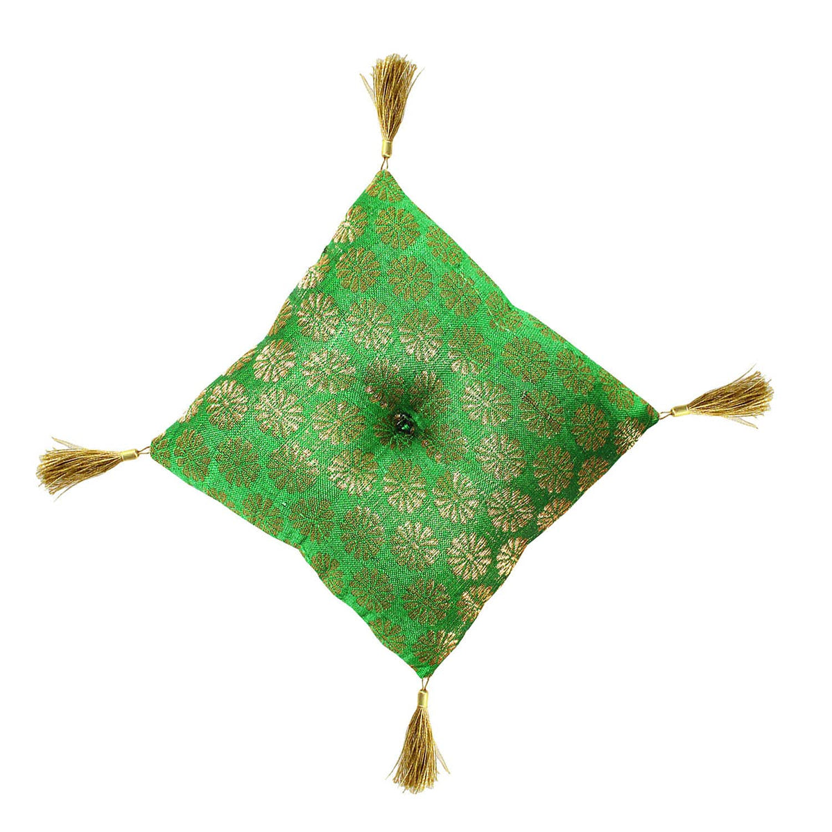 Cushion for Tibetan Singing Bowl Handmade Square Cushions Brocade Art Silk Home Decor Jewelry Display Pillow (5" x 5" Inch / Green)