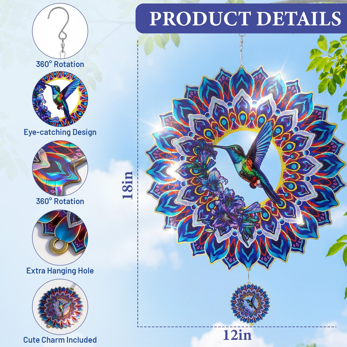 Hummingbird Mandala Wind Spinner for Mother's Day (12In-Hummingbird)