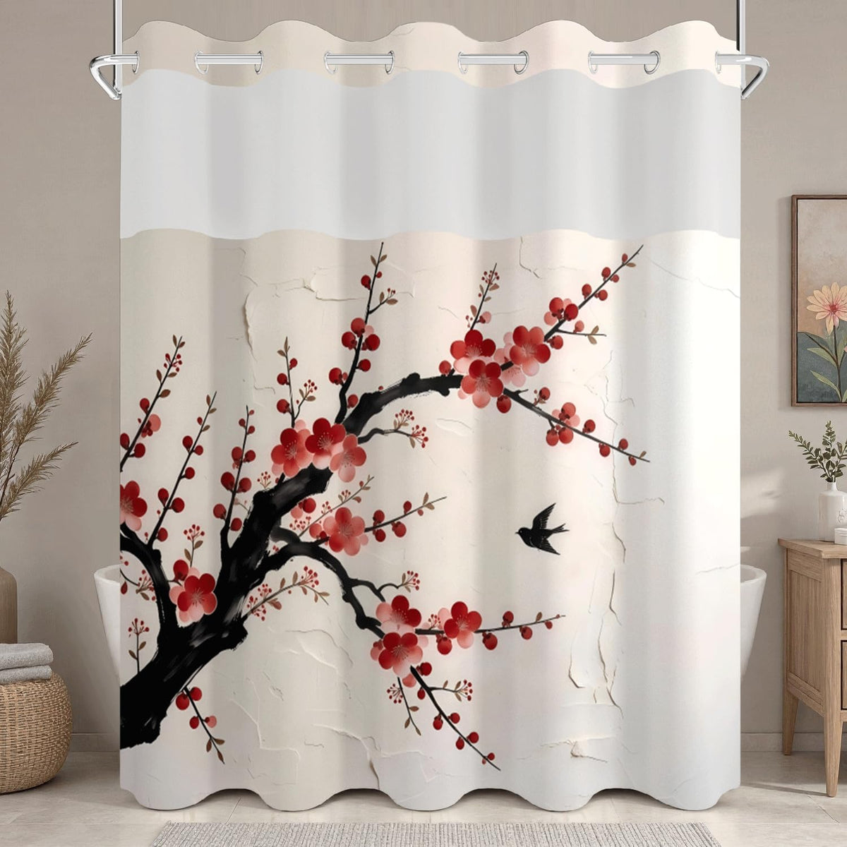 Plum Blossom Shower Curtain with Snap in Liner (Red Plum Blossom)