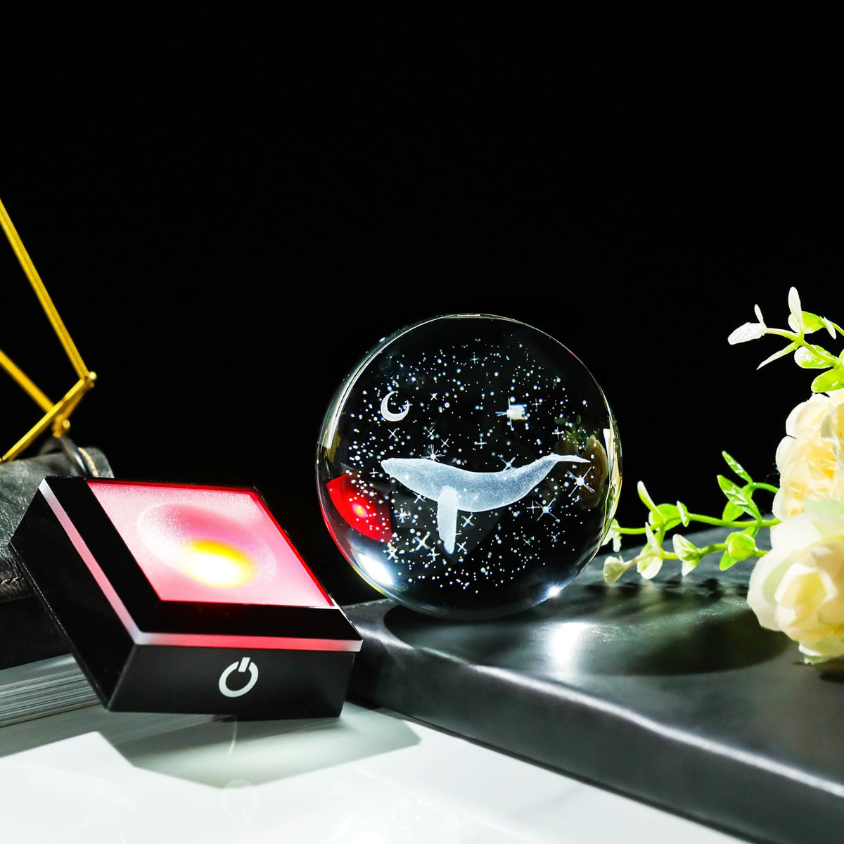 80mm 3D Engraved Whale Crystal Ball with LED Base (Whale)