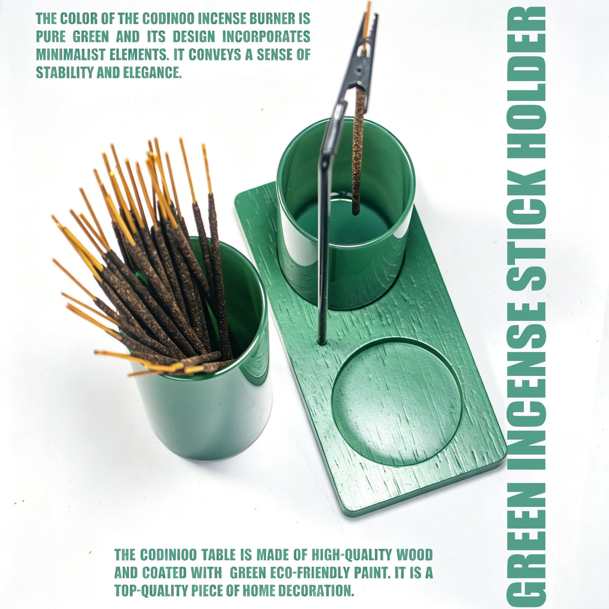 2 in 1 Incense Holder for Sticks Incense Burner Holder with Storage (All Green / 1 tall 1 short glass)