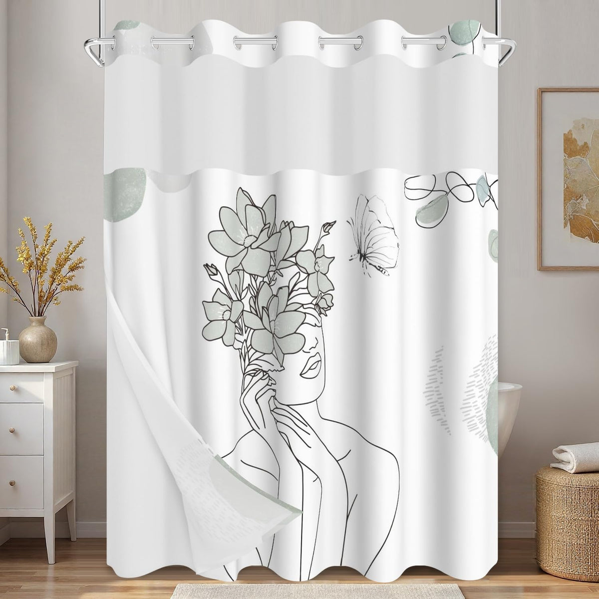 Minimalist Artistic No Hook Shower Curtain with Snap in Liner (Art-2)