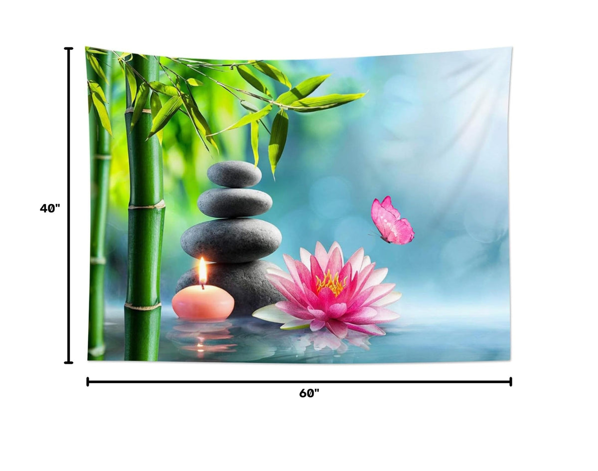 Zen Pink Floral Tapestry Wall Hanging Pink Water Lily Butterfly and Green Bamboo Tapestry Modern Yoga Spa Flower Plant Wall Art for Bedroom Living Room Dorm Home Decor (40"L x 60"W / Green)