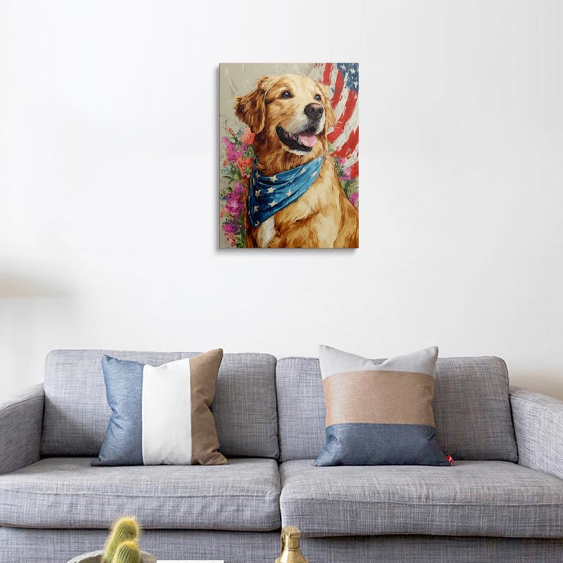 Cute Patriotic Golden Retriever Dog Canvas Wall Art Framed Animal Painting American Flag Cool Whimsical Puppy Colorful Floral Wall Decor Flower Artwork Print for Living Room Bedroom 16x24 Inches (Golden Retriever / 24"L x 16"W)