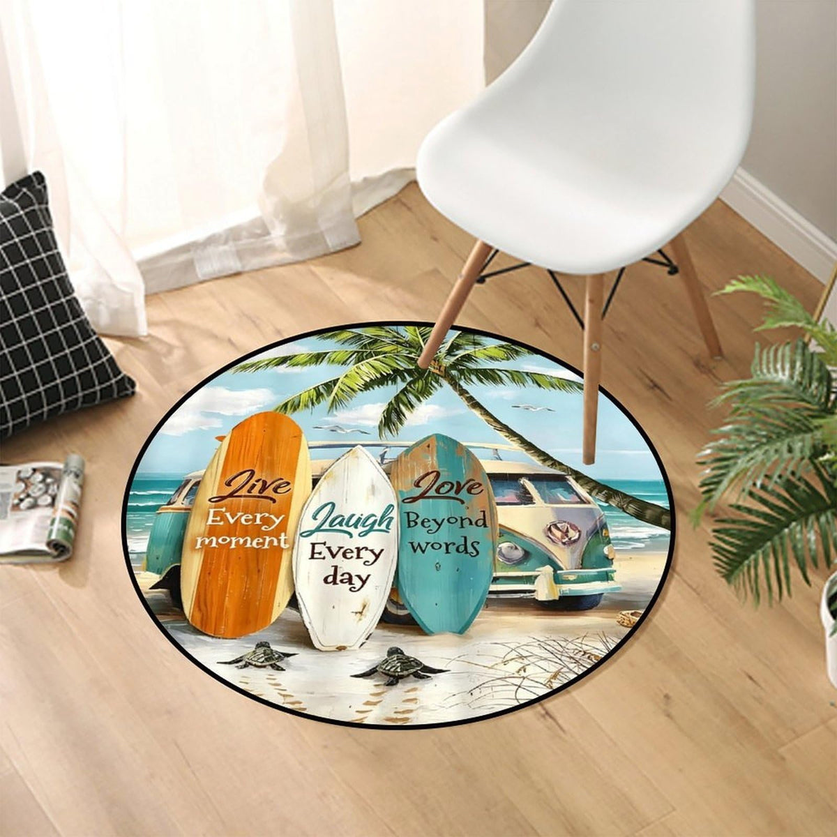 Round Area Rugs 4 FT Washable Non Slip Circle Rug (Summer Coastal Beach Palm Leaf Surfboard / 4' (Round))