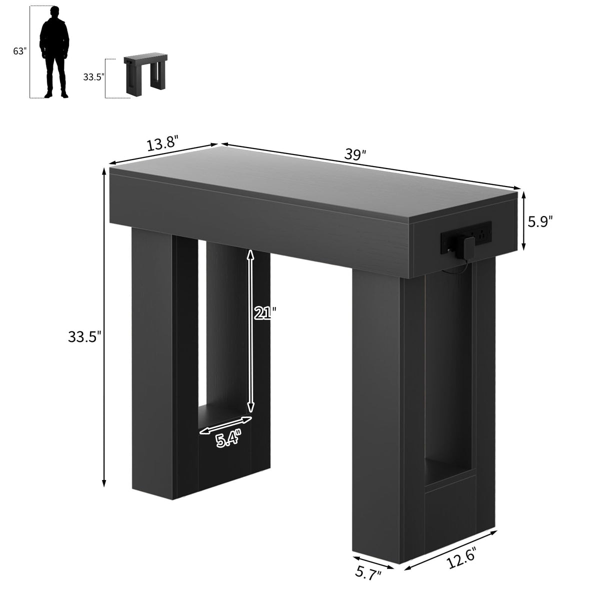 39" Entry Table with Sensor Light & AC Outlets with USB (Black / 39IN)