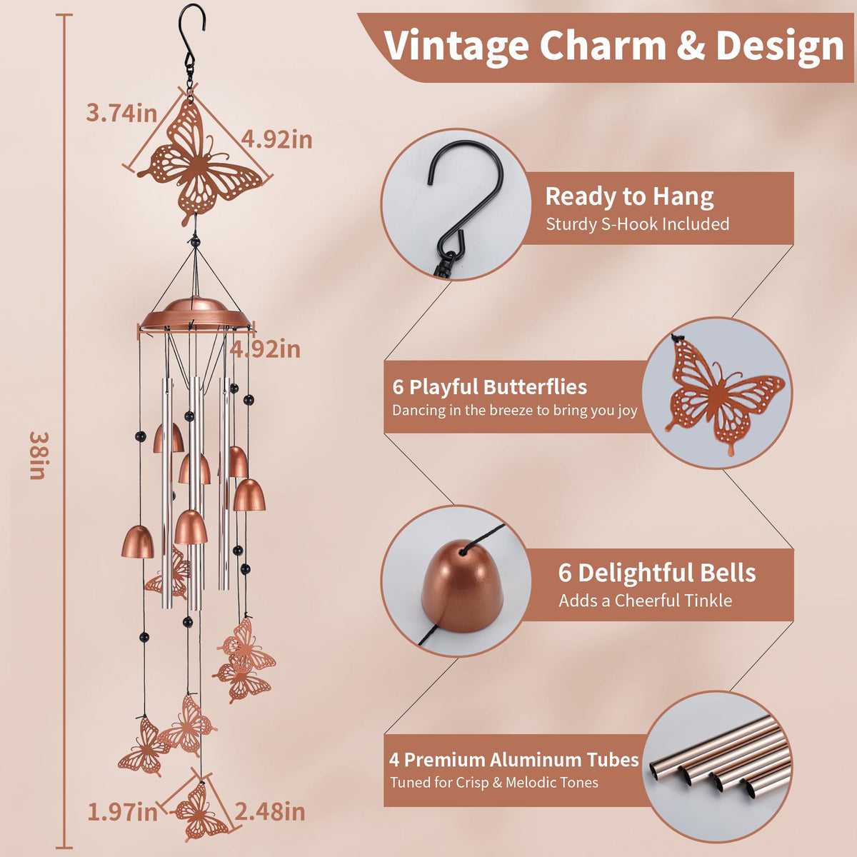 Butterfly Wind Chimes for Outside Aluminum Windchime with S Hook (Butterfly)