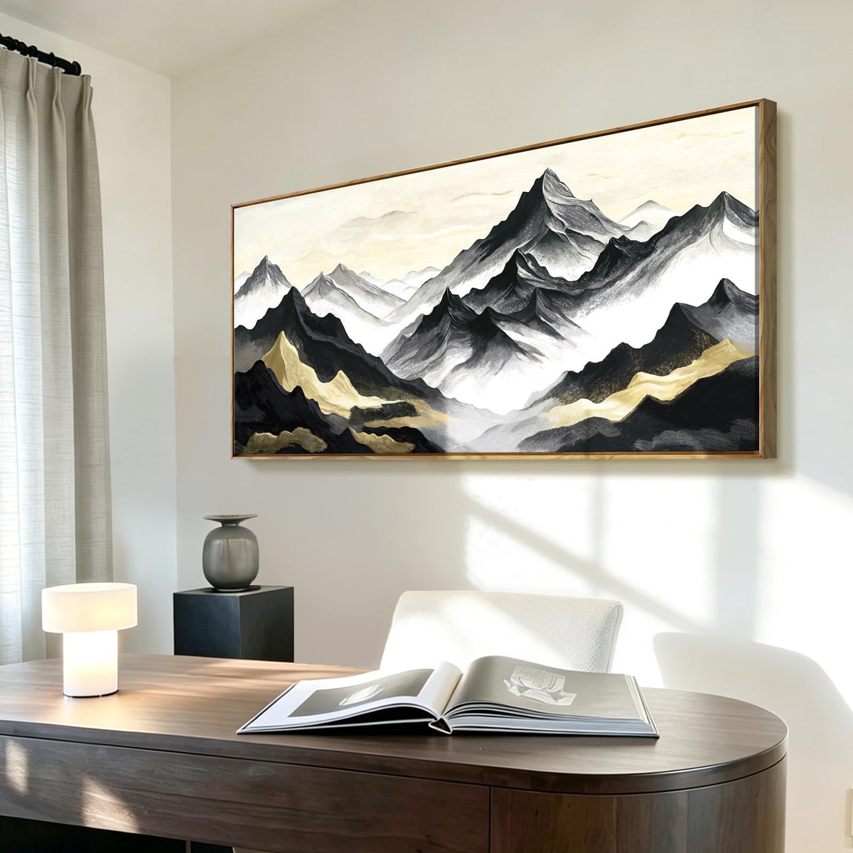 Framed Mountain Wall Art Modern Ink Artwork For Bedroom 48X24 In (Black Mountain Wall Art / 48"L x 24"W(Framed))