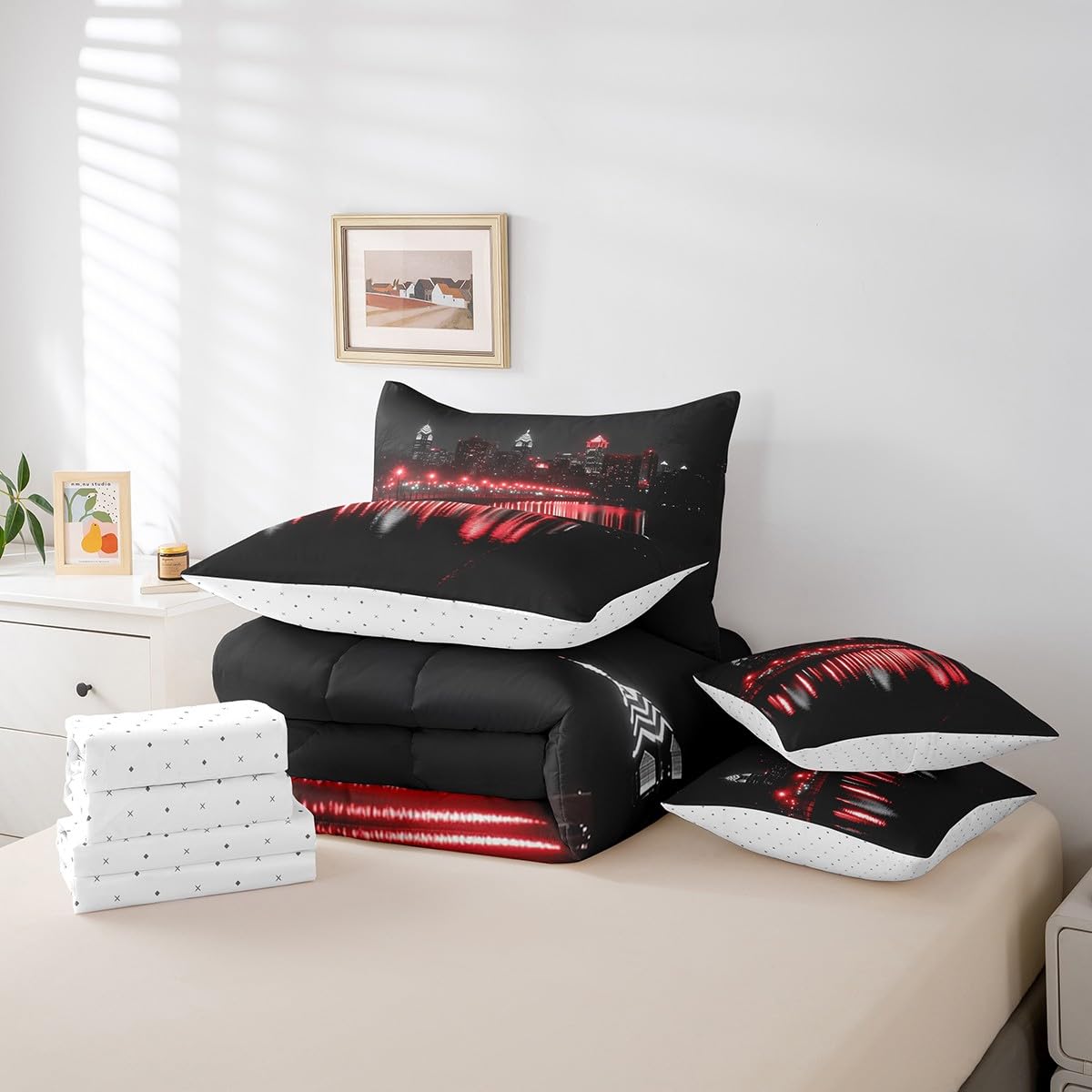 Golden Gate Bridge Comforter Set with Sheets Queen Size Kids Nightscape 7 Piece Bedding Set All Season Teens City Scenery Bed in A Bag Breathable Soft Lightweight Black Red Room Decor (Carbon Black Red / Queen)
