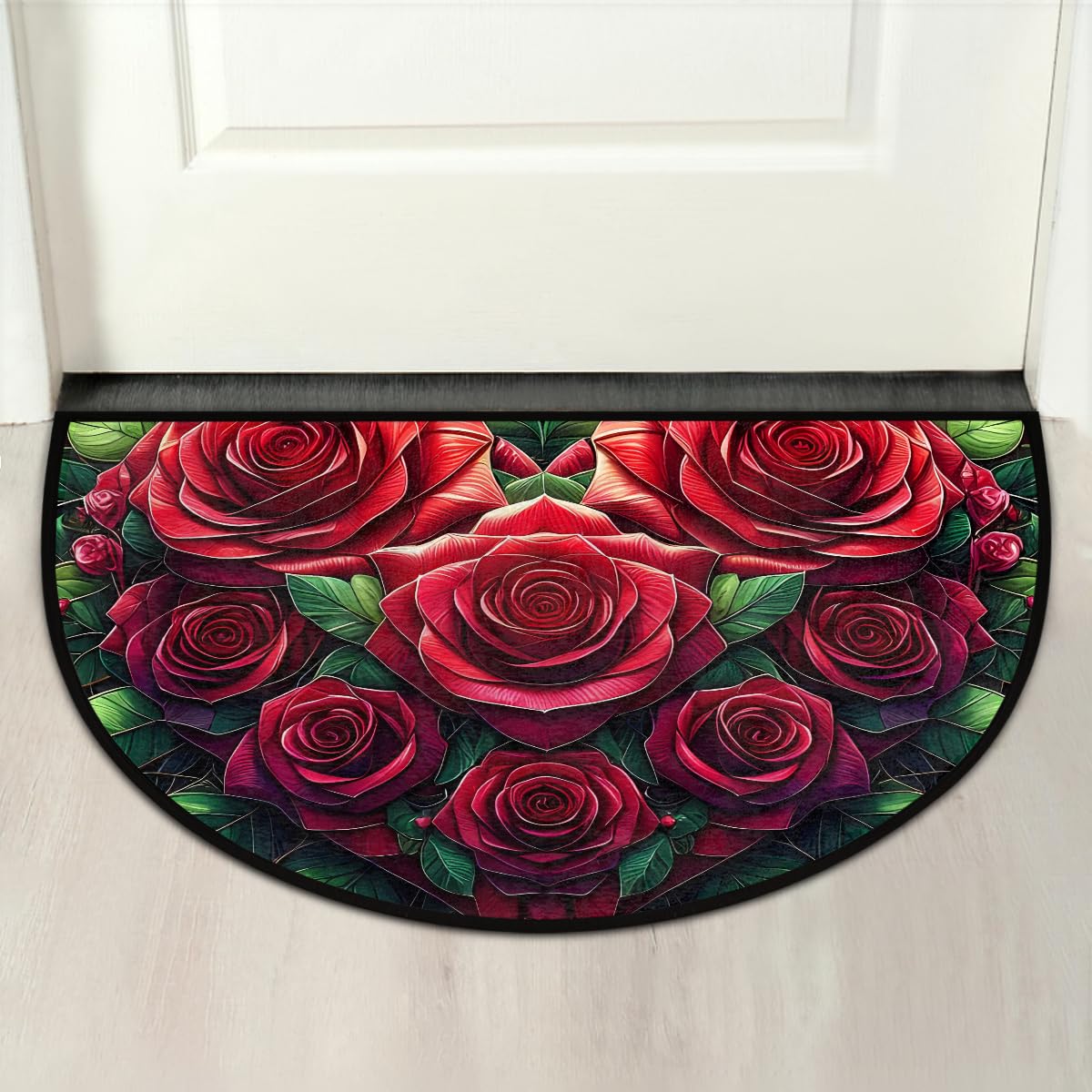Valentine Rose Flower Half Round Door Mat Non Slip Washable Semi Circle Area Rug Absorbent Soft Half Moon Rug Floor Mat for Indoor Outdoor Kitchen Bathroom Patio Front Door Mat Decor (A6)